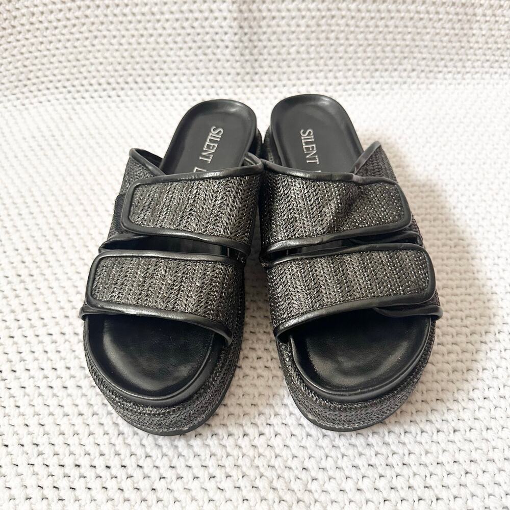 Silent D Gray Black Woven Raffia Double Strap Hook Loop Platform Sandals 39 Boho - Picture 4 of 9